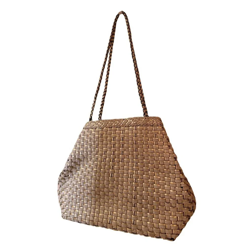 L.J.S. Collection Womens Tote Bag Gold Beige All-Over Woven Pattern Vintage